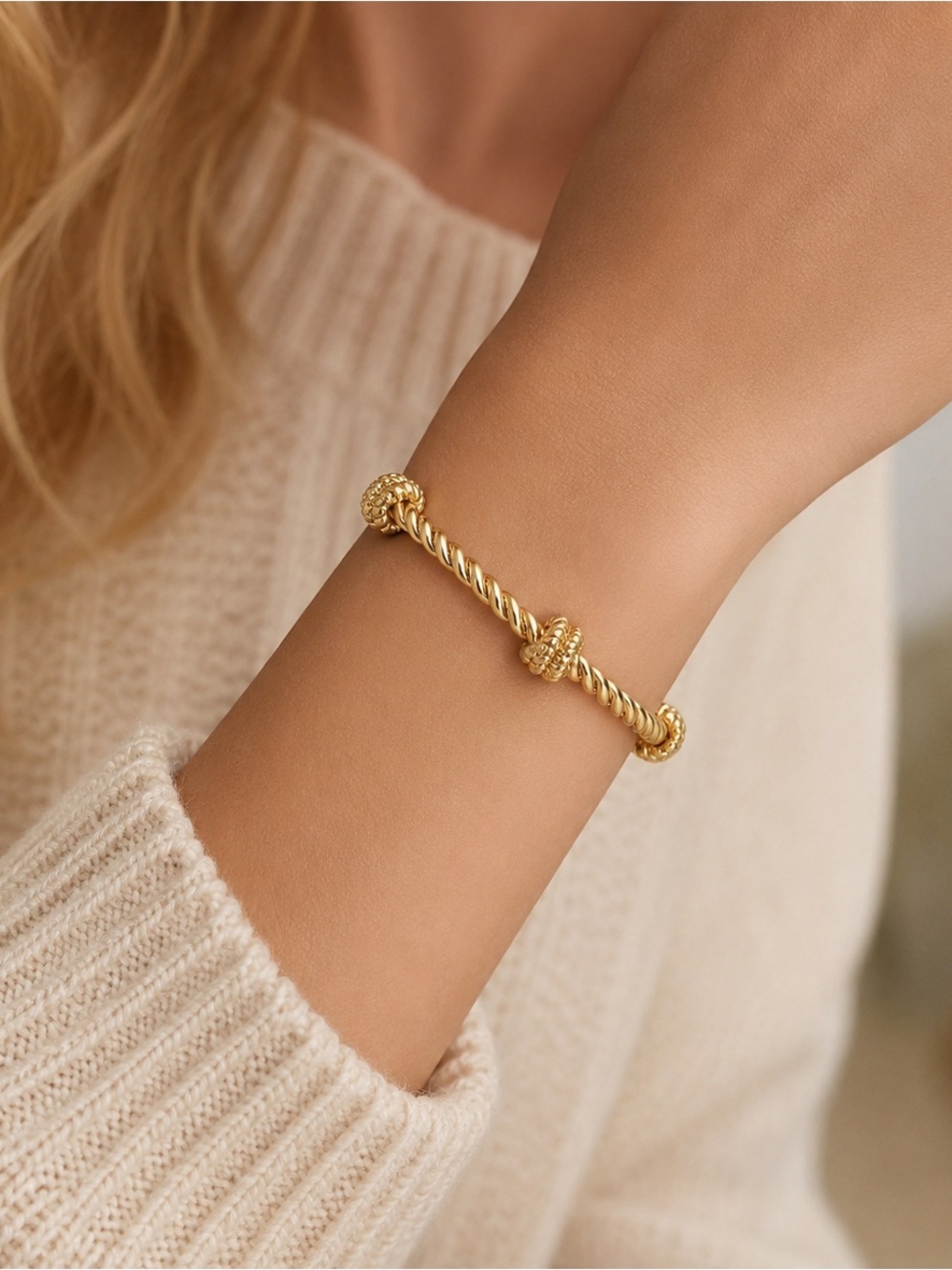 24K Gold Filled Knotted Rope Cuff Bracelet | Open Cuff Bracelet